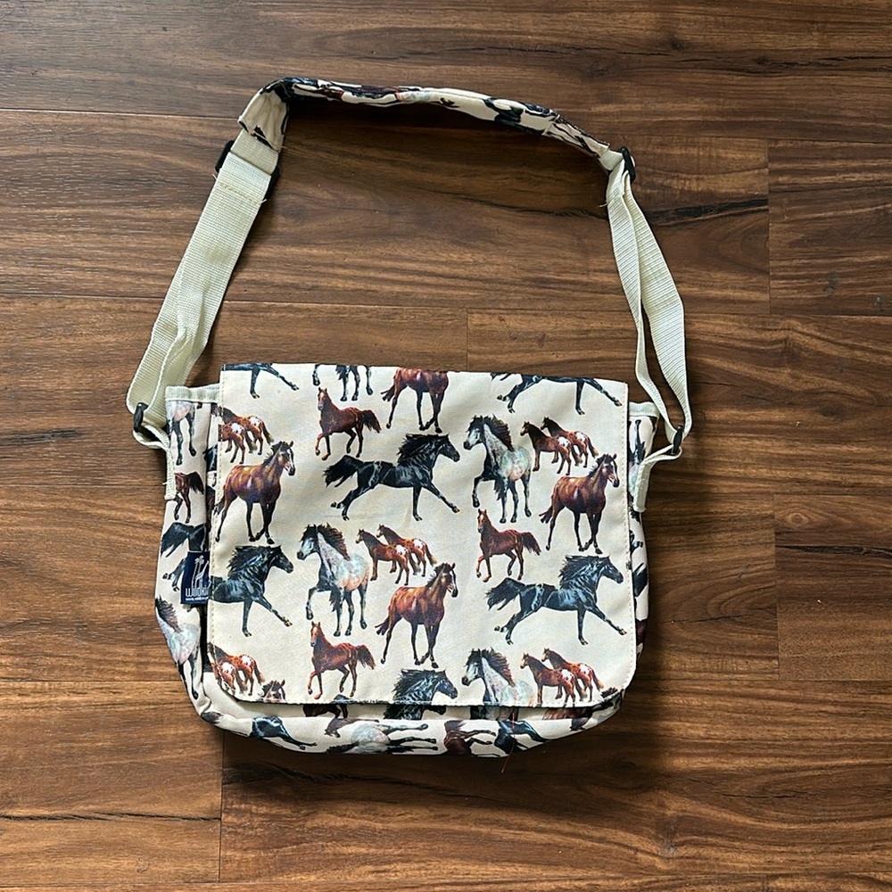 Horse drama messenger bag 13 x 10 padded shoulder strap beige equestrian lover